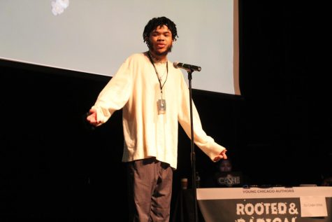 Senior Maxwell Patterson performs his poem during a recent poetry competition in Chicago.